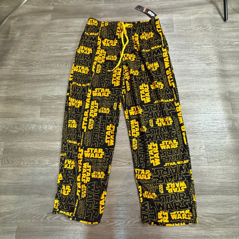 Star Wars Mens Pajama Pants Large Black Yellow Logo Print Lounge Sleepwear NWT